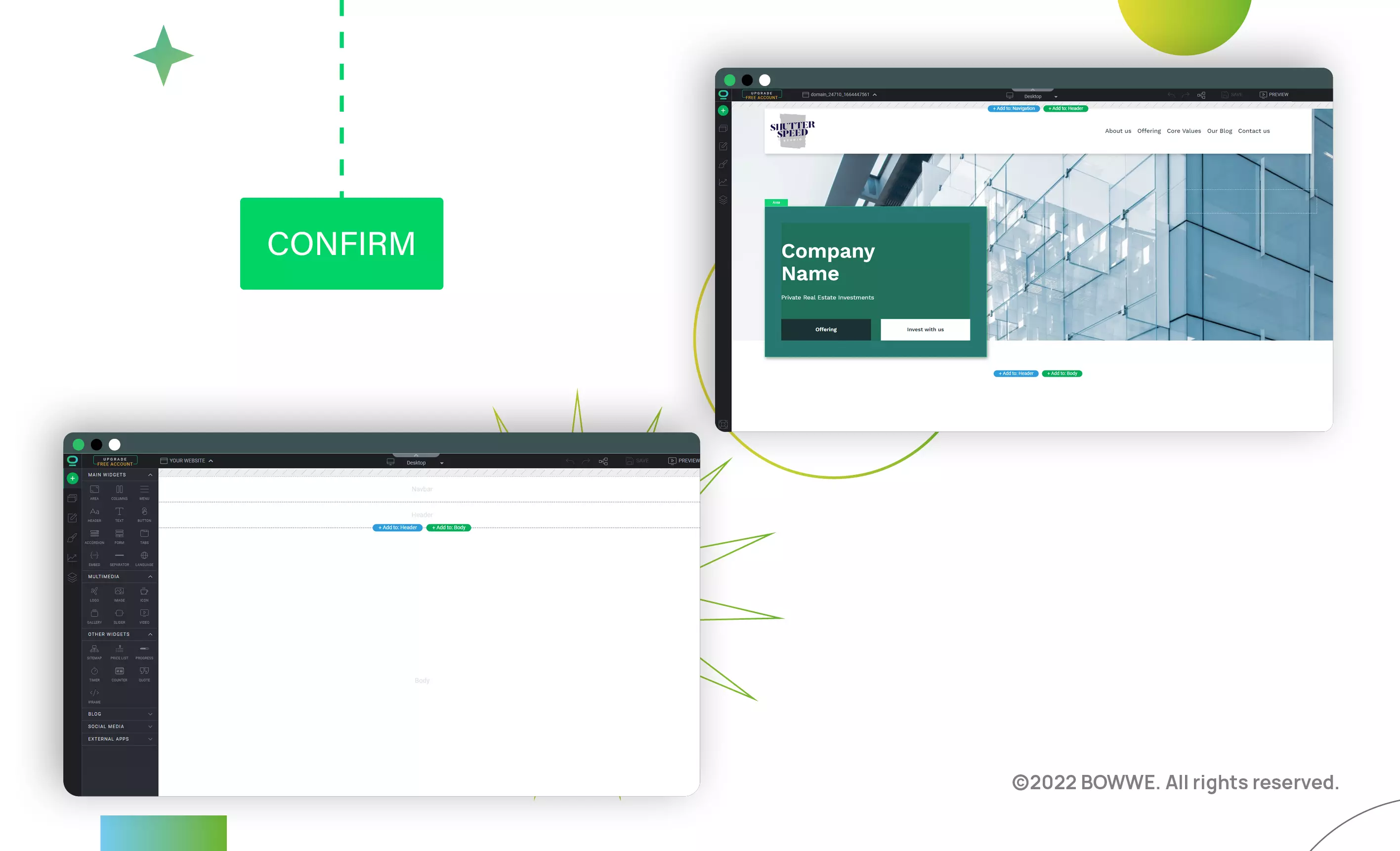 View of the page builder with and without a template and a button with the inscription "Confirm"